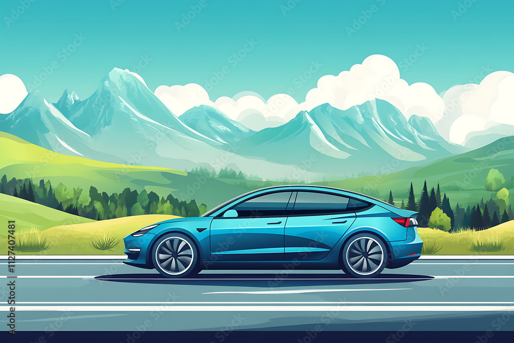 Fototapeta premium A blue electric car driving along a scenic road with mountains and greenery in the background.