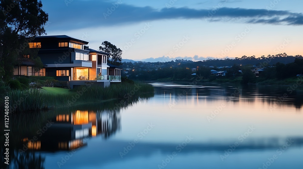 Obraz premium Modern waterfront house illuminated at twilight, reflecting in calm river.