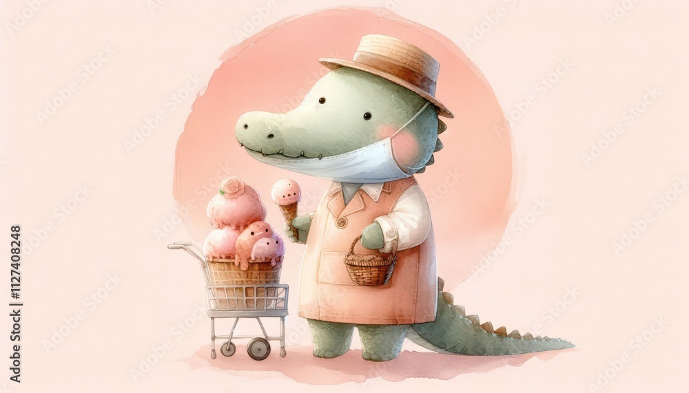 Fototapeta premium Crocodile. Eating ice cream, bright children's illustration.created with generative AI software