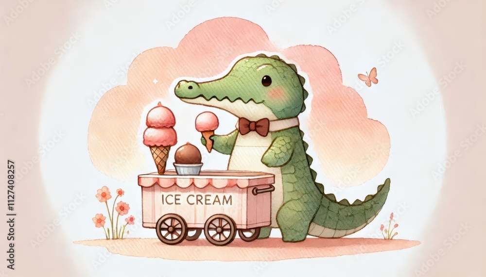 Obraz premium Crocodile. Eating ice cream, bright children's illustration.created with generative AI software