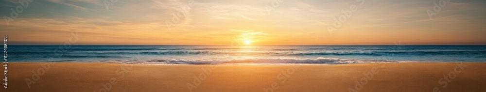 Sunset over tranquil beach and ocean waves at dusk Sunset over tranquil beach and ocean waves at dusk