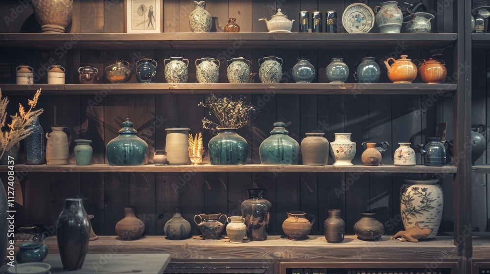 Decorative pottery on wooden shelves Decorative pottery on wooden shelves