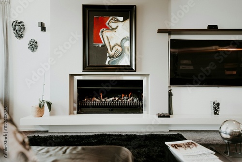 Modern living room with red black and white picture and fireplace in the room