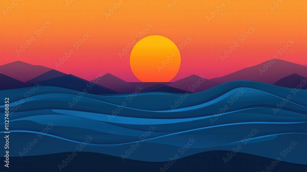 Colorful sunset over mountains and ocean waves Colorful sunset over mountains and ocean waves