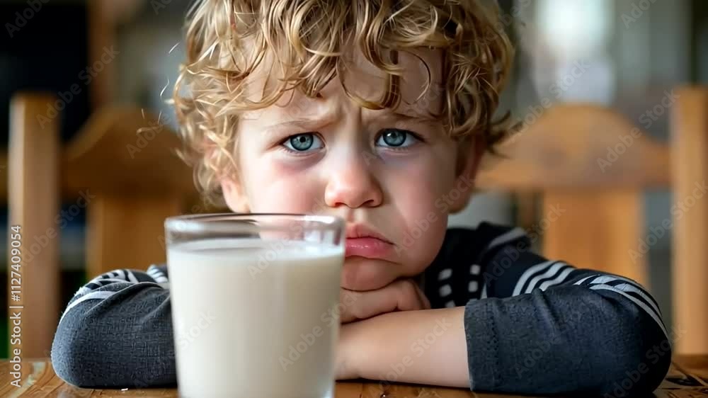 A young Caucasian boy with curly hair looks at a glass of milk with reluctance, symbolizing childhood and nutrition challenges A young Caucasian boy with curly hair looks at a glass of milk with reluctance, symbolizing childhood and nutrition challenges