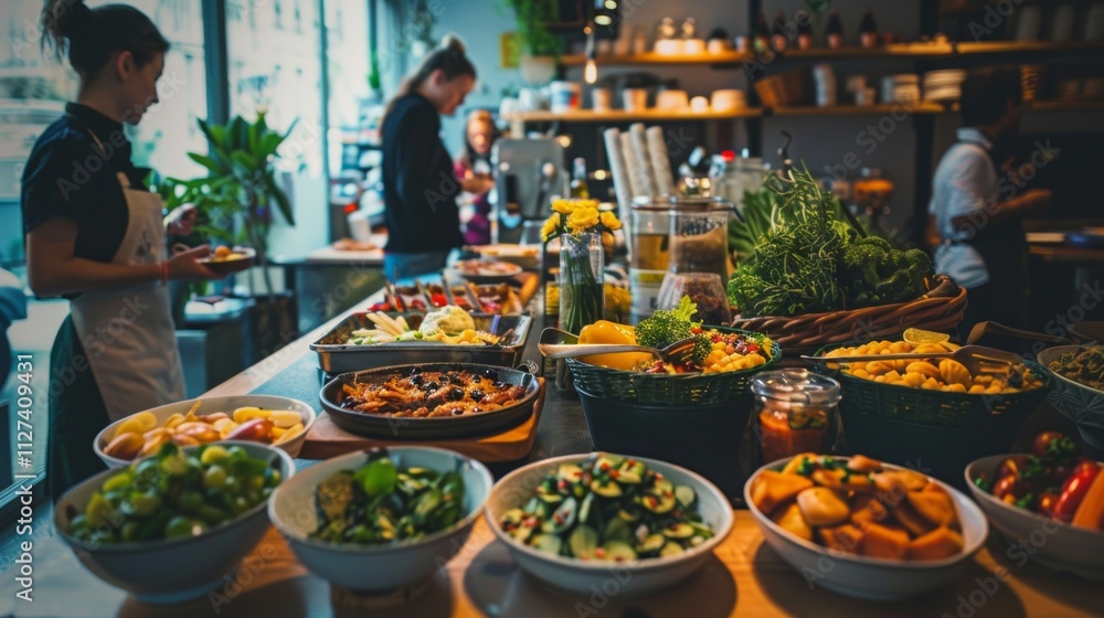 Buffet table with fresh salads and vegetables Buffet table with fresh salads and vegetables