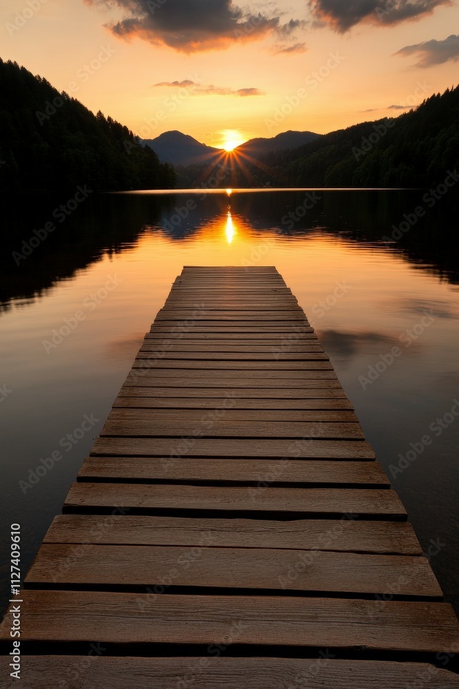 Sunset over calm lake with wooden dock reflecting golden light Sunset over calm lake with wooden dock reflecting golden light