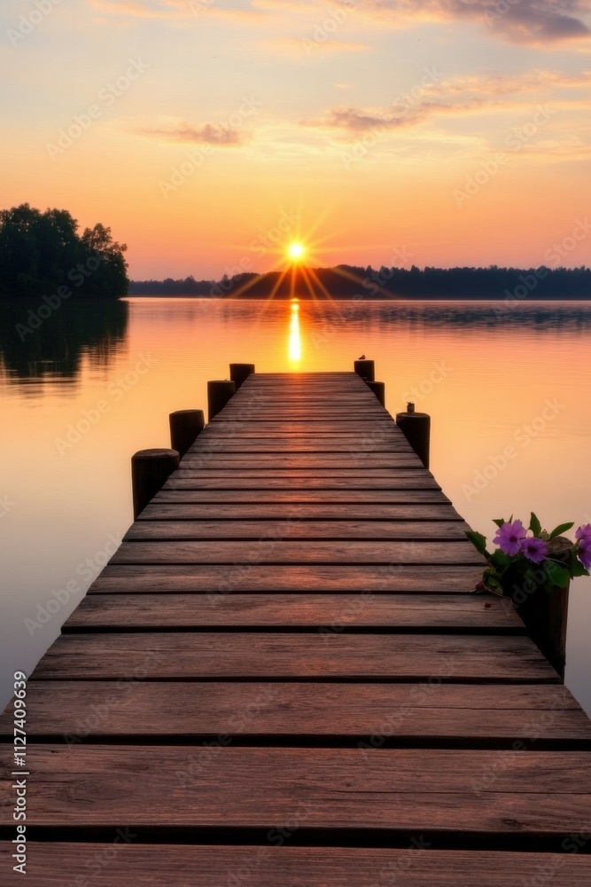 Beautiful sunrise over a tranquil lake with wooden dock Beautiful sunrise over a tranquil lake with wooden dock