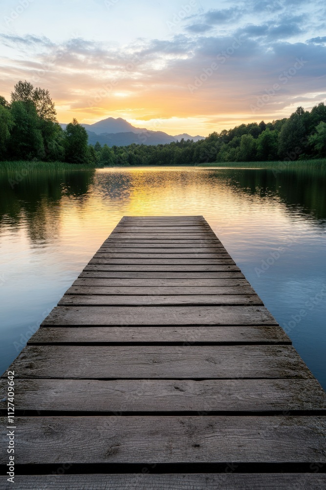 Sunset over calm lake from wooden pier surrounded by trees Sunset over calm lake from wooden pier surrounded by trees