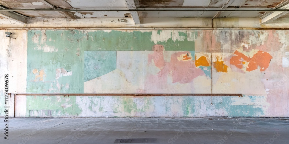 Layers of peeling paint create an abstract pattern on a weathered wall in an abandoned building, hinting at past renovations and decay Layers of peeling paint create an abstract pattern on a weathered wall in an abandoned building, hinting at past renovations and decay