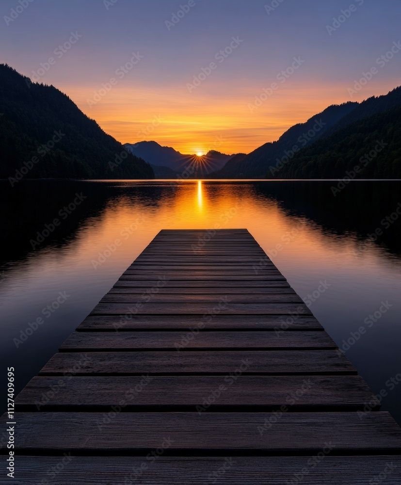 Fototapeta premium Breathtaking sunset over tranquil lake and wooden pier