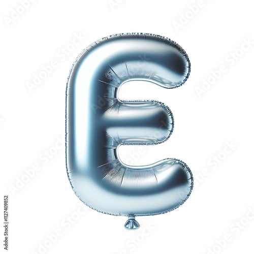 Silver shiny foil balloon alphabet letter E, isolated on transparent cutout PNG