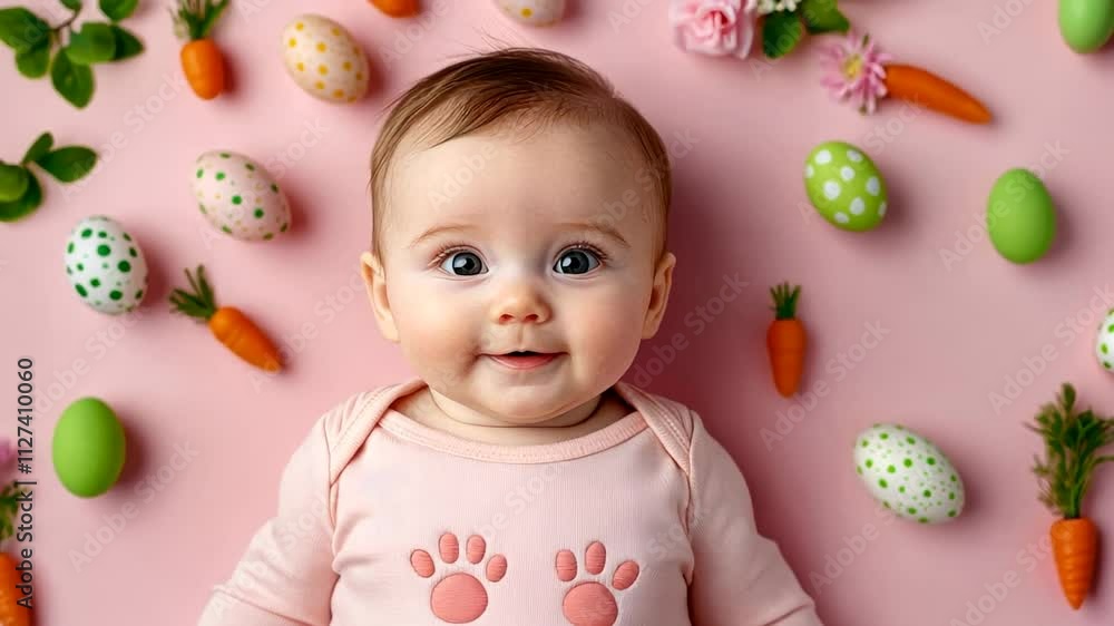 Baby with festive Easter eggs and carrots on pink background, celebrating joy and spring Baby with festive Easter eggs and carrots on pink background, celebrating joy and spring