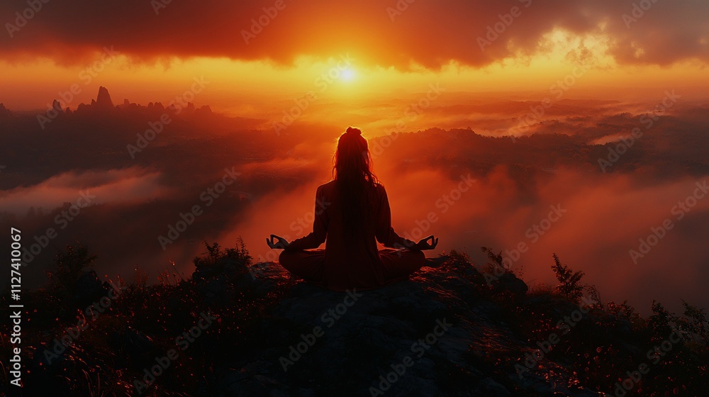 Serene sunrise meditation session on a mountain peak in a relaxing view Serene sunrise meditation session on a mountain peak in a relaxing view