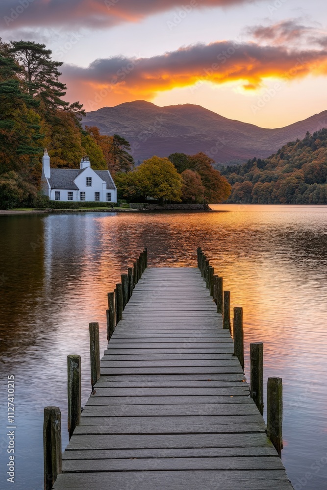 Obraz premium Picturesque sunset over tranquil lake with wooden dock