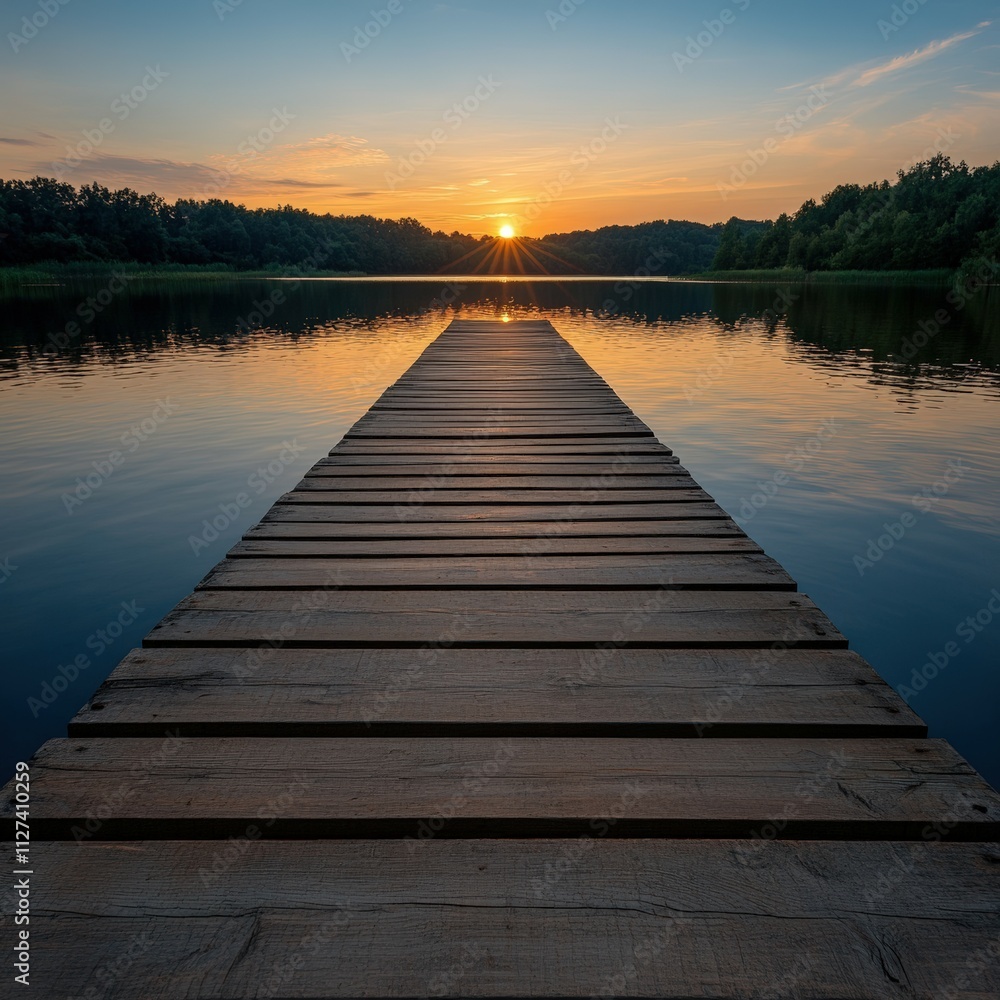 Sunset over tranquil lake with wooden dock extending Sunset over tranquil lake with wooden dock extending