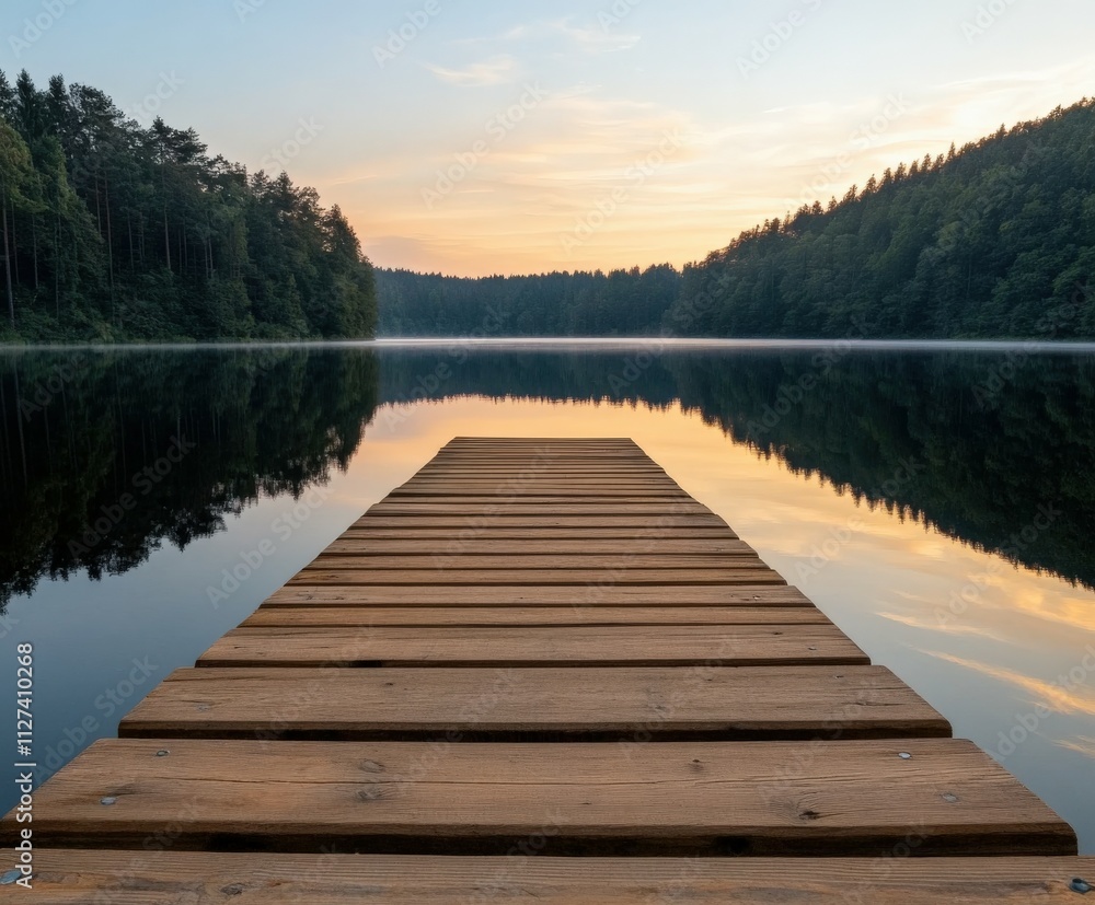 Wooden dock extends into serene lake at sunset Wooden dock extends into serene lake at sunset