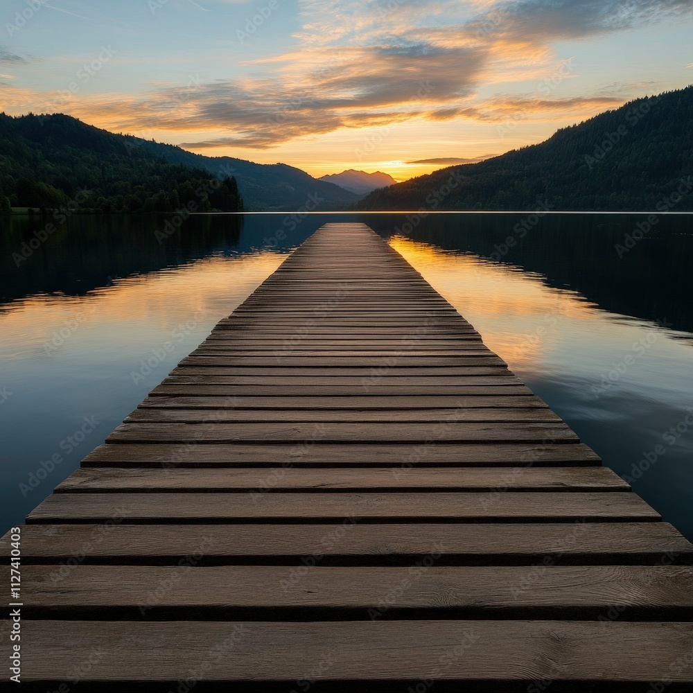 Wooden pier extends over calm lake at sunset Wooden pier extends over calm lake at sunset