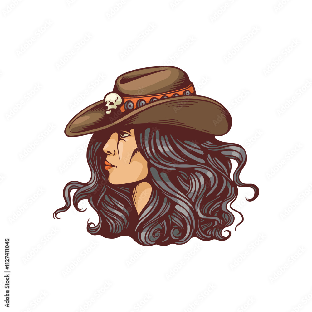 Vector illustration of profile of a woman with black hair and wearing a cowboy hat Vector illustration of profile of a woman with black hair and wearing a cowboy hat