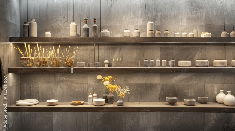 Minimalist shelves with neutral-toned pottery Minimalist shelves with neutral-toned pottery