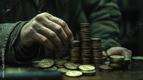 A Weathered Hand Carefully Arranging Stacks of Coins, a Testament to Time and Financial Prudence