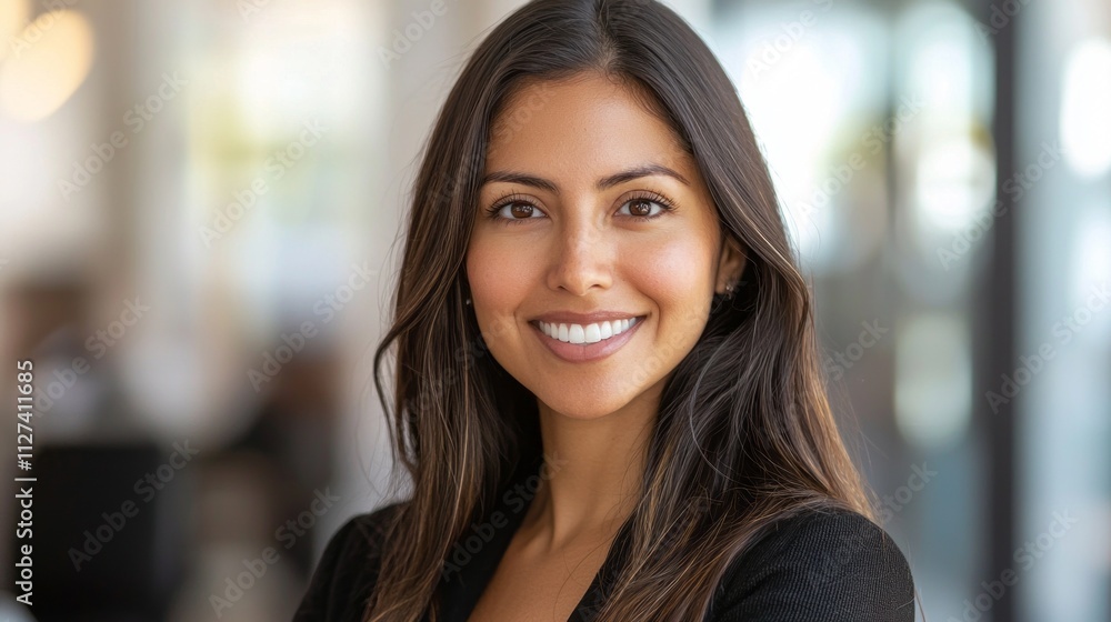 A young woman stands confidently with a warm smile in a contemporary office setting, illuminated by soft natural light filtering through the windows. Her professionalism radiates A young woman stands confidently with a warm smile in a contemporary office setting, illuminated by soft natural light filtering through the windows. Her professionalism radiates