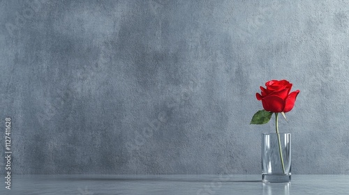 A striking red rose stands tall in a clear glass positioned on a smooth table photo