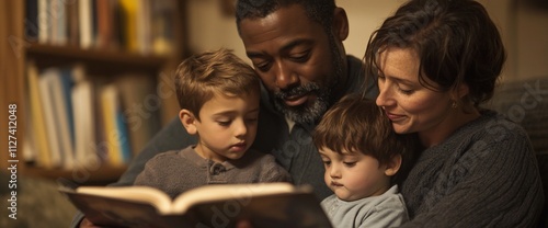 Happy family reading a bedtime story together at home.
