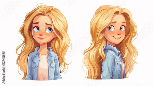 Cute happy blonde cartoon girl vector illustration for designs