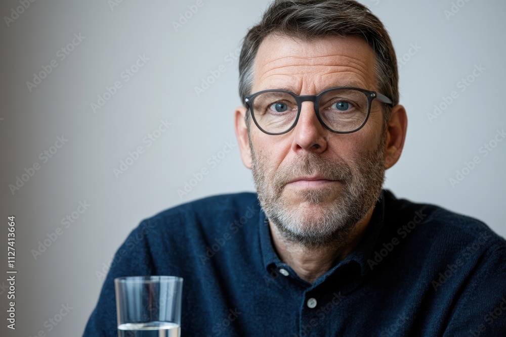 Obraz premium A man with glasses and a neutral expression sits at a table, with short hair and a neatly trimmed beard, in a thoughtful, serene setting.