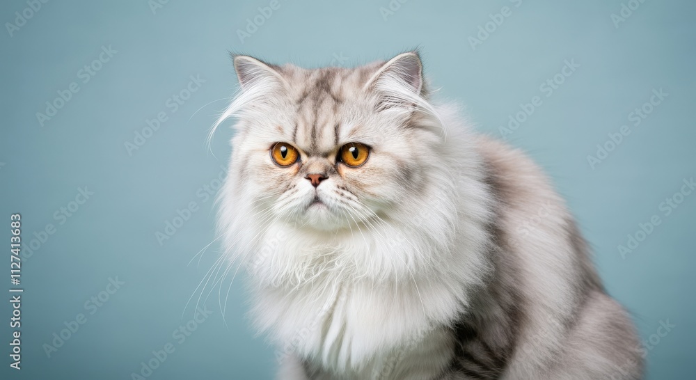 Fluffy persian cat with bright eyes against a soft blue background Fluffy persian cat with bright eyes against a soft blue background