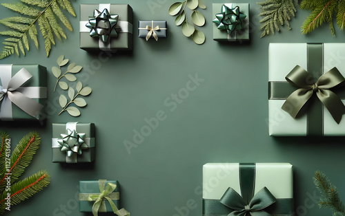Layflat collection of green-wrapped holiday gifts on dark green neutral background
