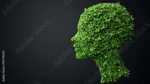 Green foliage sculpture shaped like a human head on a dark background photo