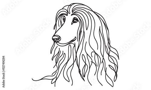 A black and white portrait illustration of a purebred Afghan Hound, a majestic canine with flowing hair