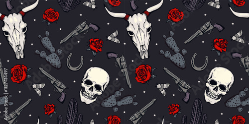 Seamless pattern with human and cow skulls with horns, revolvers, roses and cacti.