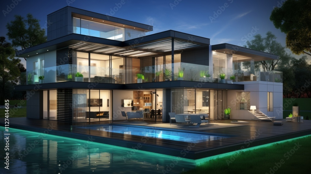 Minimalist home featuring new year s technology with smart devices and garlands in calm colors. Minimalist home featuring new year s technology with smart devices and garlands in calm colors.