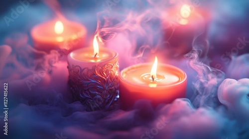 Three lit candles in mystical smoke, moody lighting, close-up.