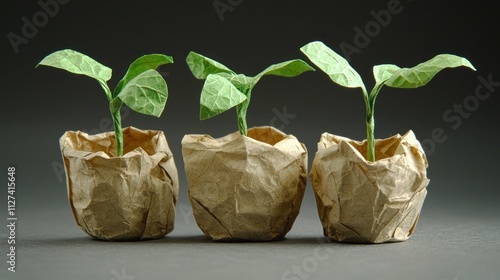 Three Young Plants in Crumpled Paper Pots: A Symbol of Growth and New Beginnings photo