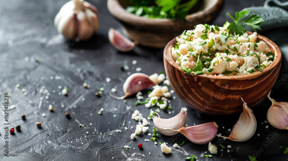 Rustic bowl of garlic-infused cauliflower salad Rustic bowl of garlic-infused cauliflower salad