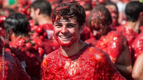 Celebrants enjoy lively tomato festival in a sunlit outdoor location in summer photo