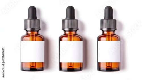 Three amber glass dropper bottles sit on a white surface, illuminated by natural light from a nearby window, showcasing their blank white label mockups for branding