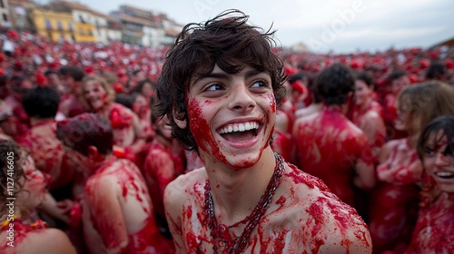 Joyful celebration during the tomato festival in Spain with participants covered in red photo