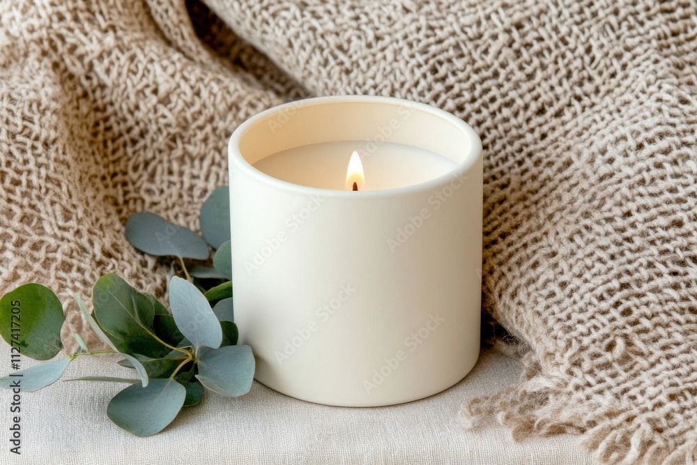 A cozy candle surrounded by a woven fabric and eucalyptus, emanating warmth and relaxation in soft lighting. A cozy candle surrounded by a woven fabric and eucalyptus, emanating warmth and relaxation in soft lighting.