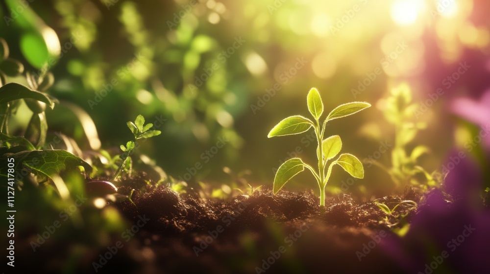 New seedling growing in sunlit soil New seedling growing in sunlit soil