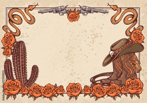 American gothic frame design, Wild west style, cowboy boots and hat, rose and cactus, snake and revolver, vintage grunge