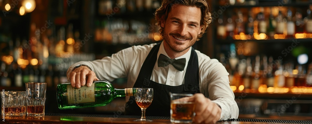 Charming bartender pouring whiskey at an elegant bar counter Charming bartender pouring whiskey at an elegant bar counter