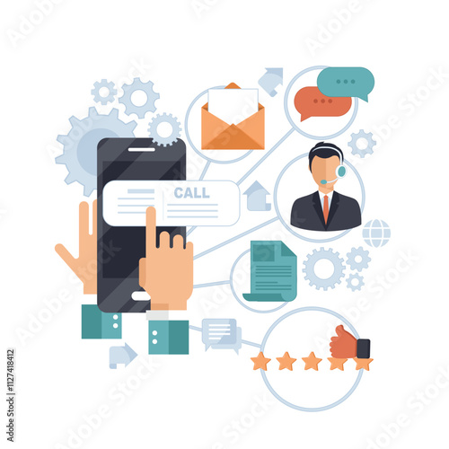 Business customer care service concept. Icons set of contact us, support, help, phone call and website click. Man sitting on the floor and holding lap top with telephone by his side. Flat vector