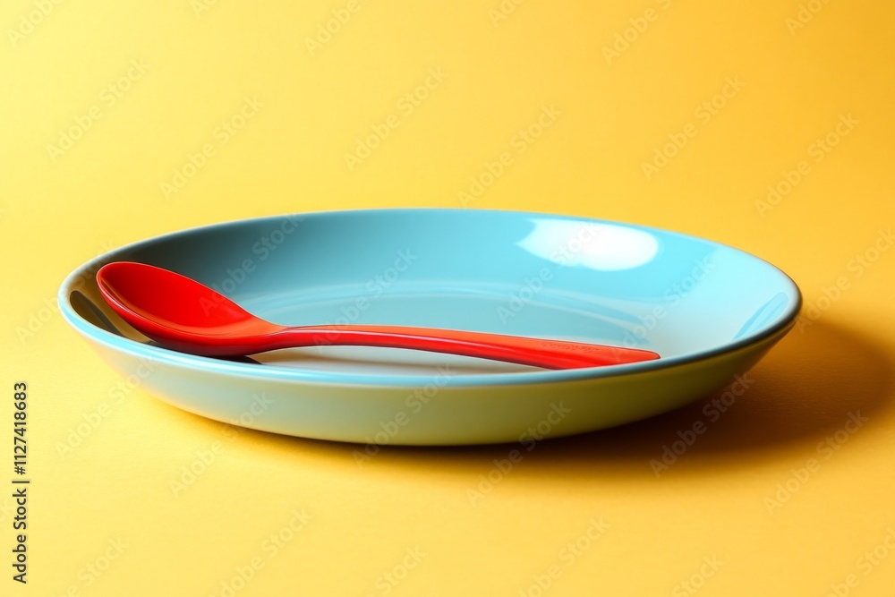 Red plastic spoon lying on a light blue empty plate on a yellow background, representing a simple table setting Red plastic spoon lying on a light blue empty plate on a yellow background, representing a simple table setting