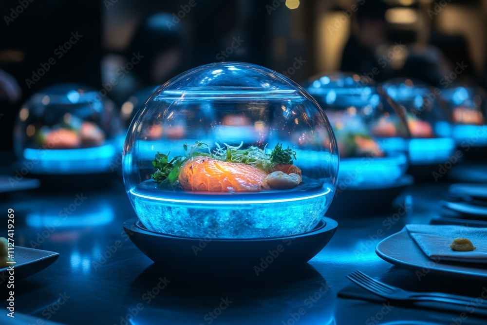 Salmon and shrimp appetizer is being served in a futuristic glass dome with blue lighting, creating a unique dining experience Salmon and shrimp appetizer is being served in a futuristic glass dome with blue lighting, creating a unique dining experience