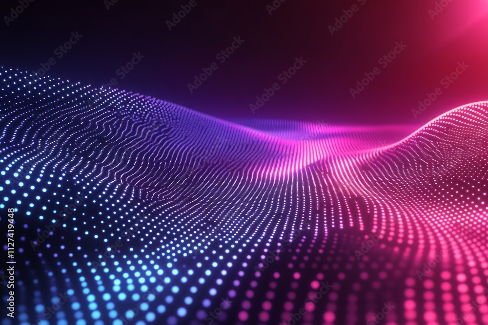 Abstract futuristic particles wave flowing with bokeh and light effect under neon lights Abstract futuristic particles wave flowing with bokeh and light effect under neon lights